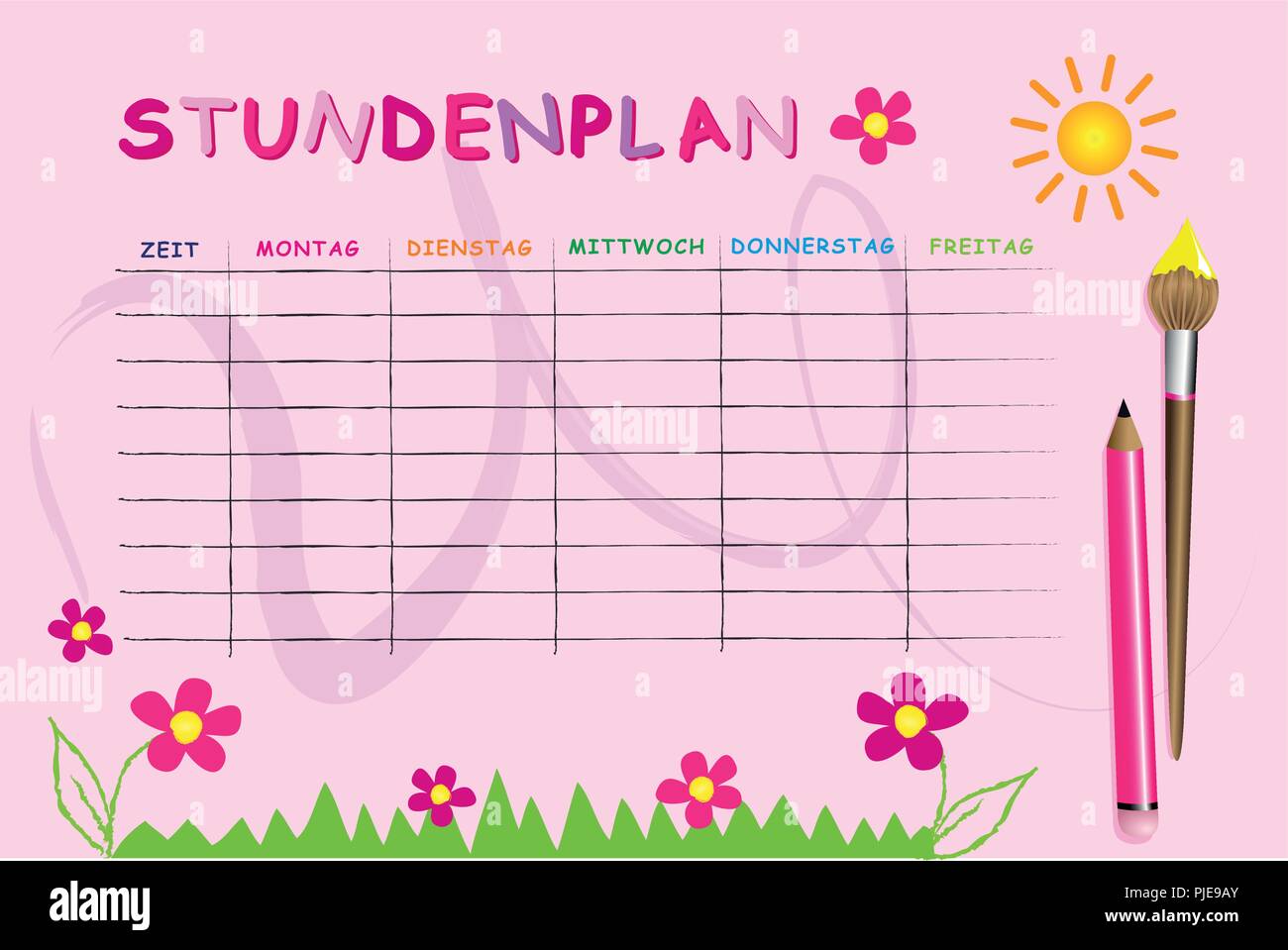 pink school timetable template with flowers vector illustration EPS10 Stock Vector