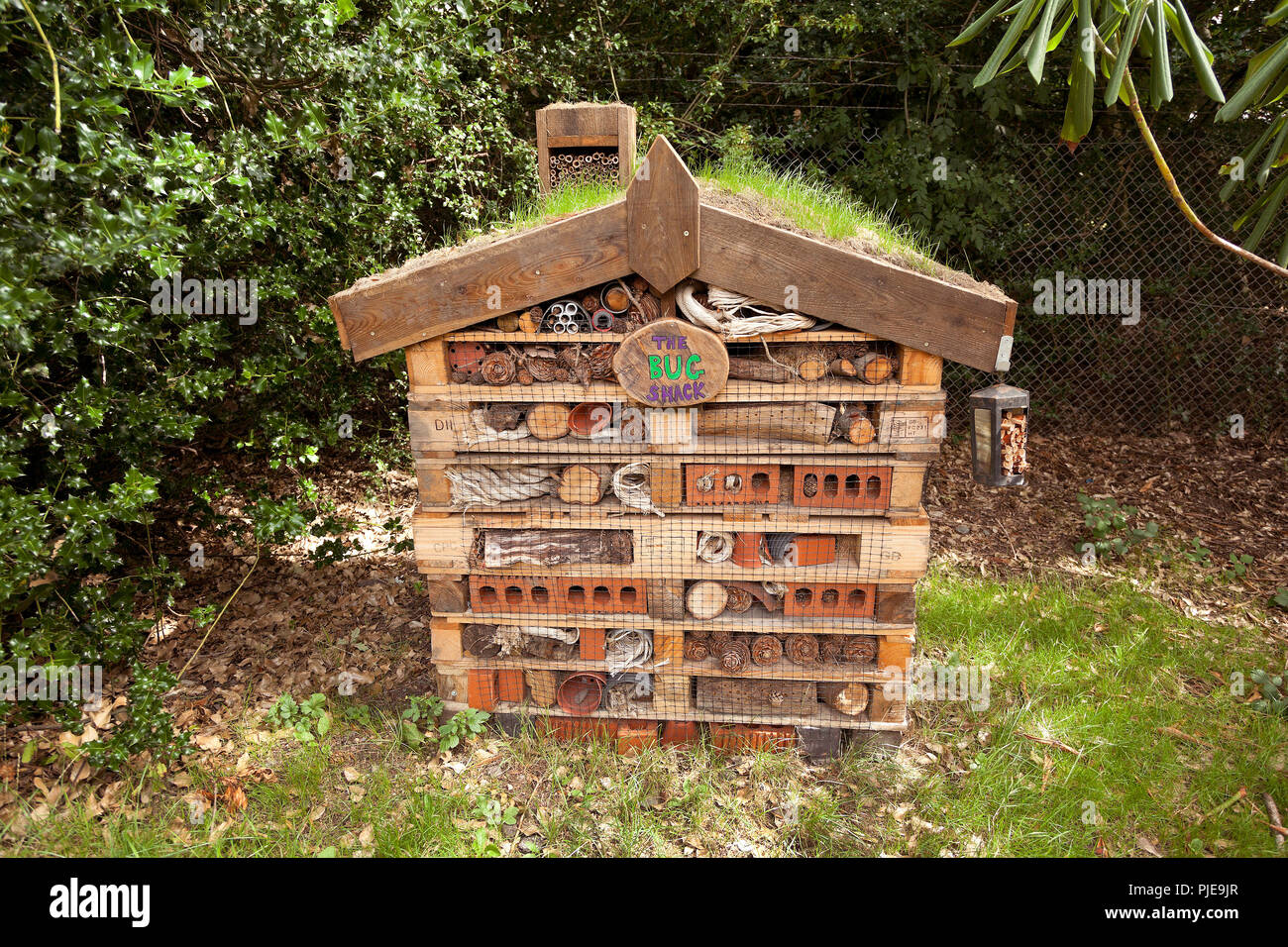 Bug shack for insects, shelter when overwintering. A mixture of various habitats, bamboo, bricks, pine cones, lots of nooks and crannies. Stock Photo