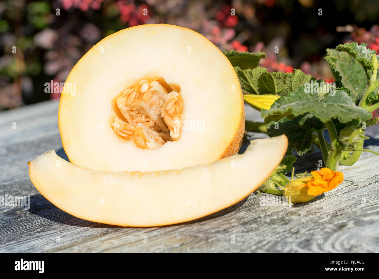 Half of melon and slices on wooden table outdoors Stock Photo