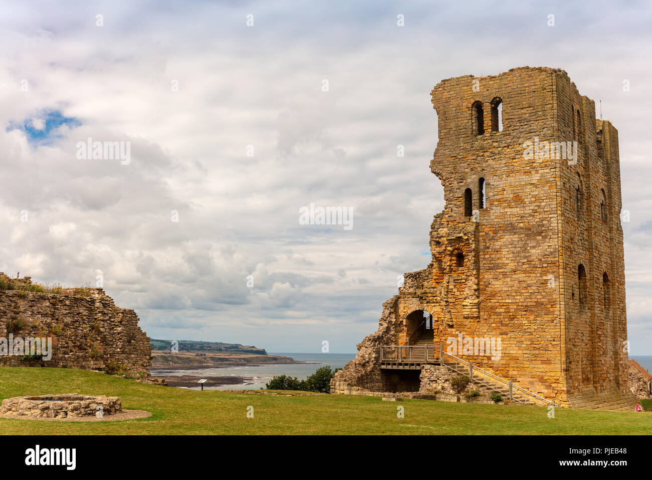 Dramatic cliff side landscape with Scarborough Castle in North Yorkshire. Stock Photo