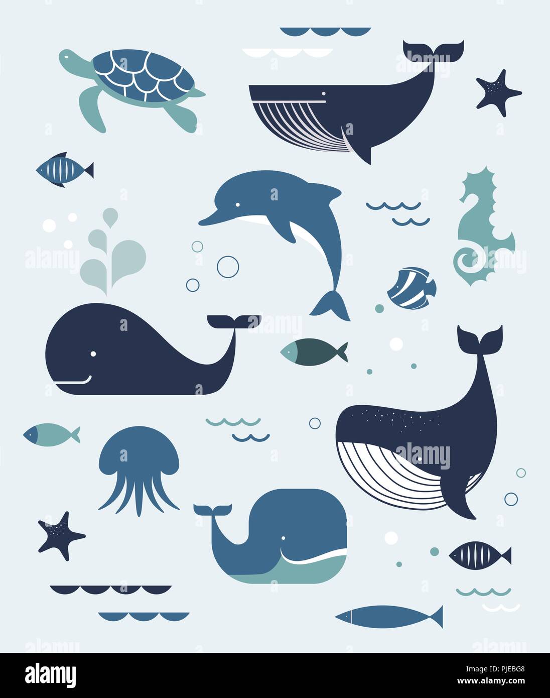 Sea life, whales, dolphins icons and illustrations, poster design Stock Vector