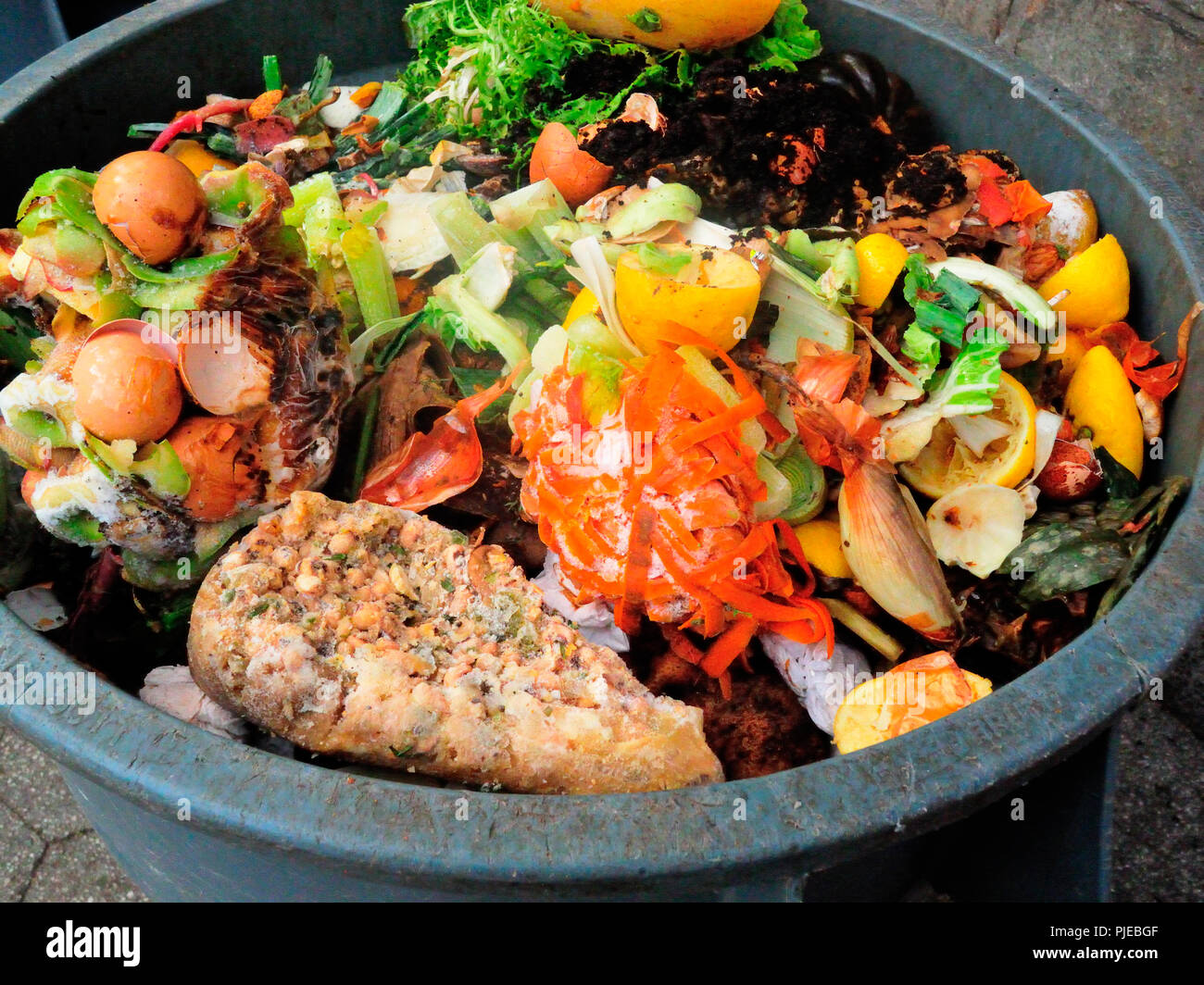 Close up of Food Scraps in Compost Bin Stock Photo