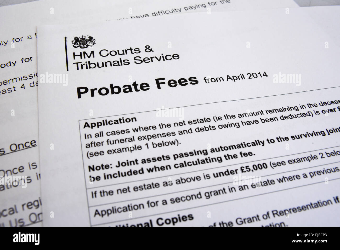 HM Courts & Tribunals Service probate fees letter heading paperwork.  Document. Application. Crest. Funeral expenses. Estate. UK British Stock  Photo - Alamy