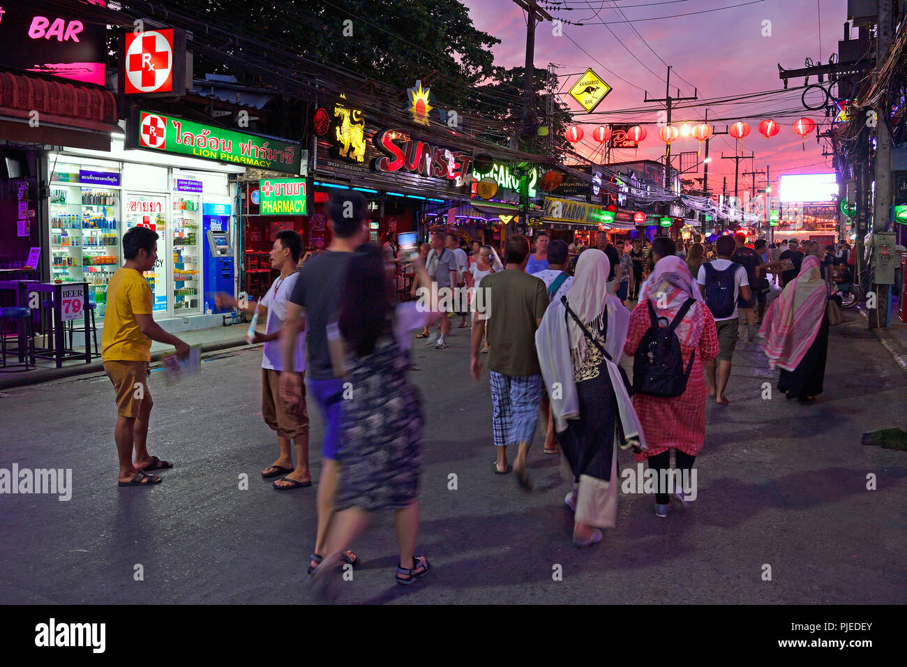 Tourists between bars, shops and restaurants on the Bangla Road, party quarters and red light quarters, Patong Beach, Phuket, Thailand, Touristen zwis Stock Photo