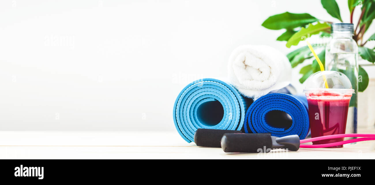 Set For Sports A Yoga Mat A Towel Smoothies Jumping Rope A