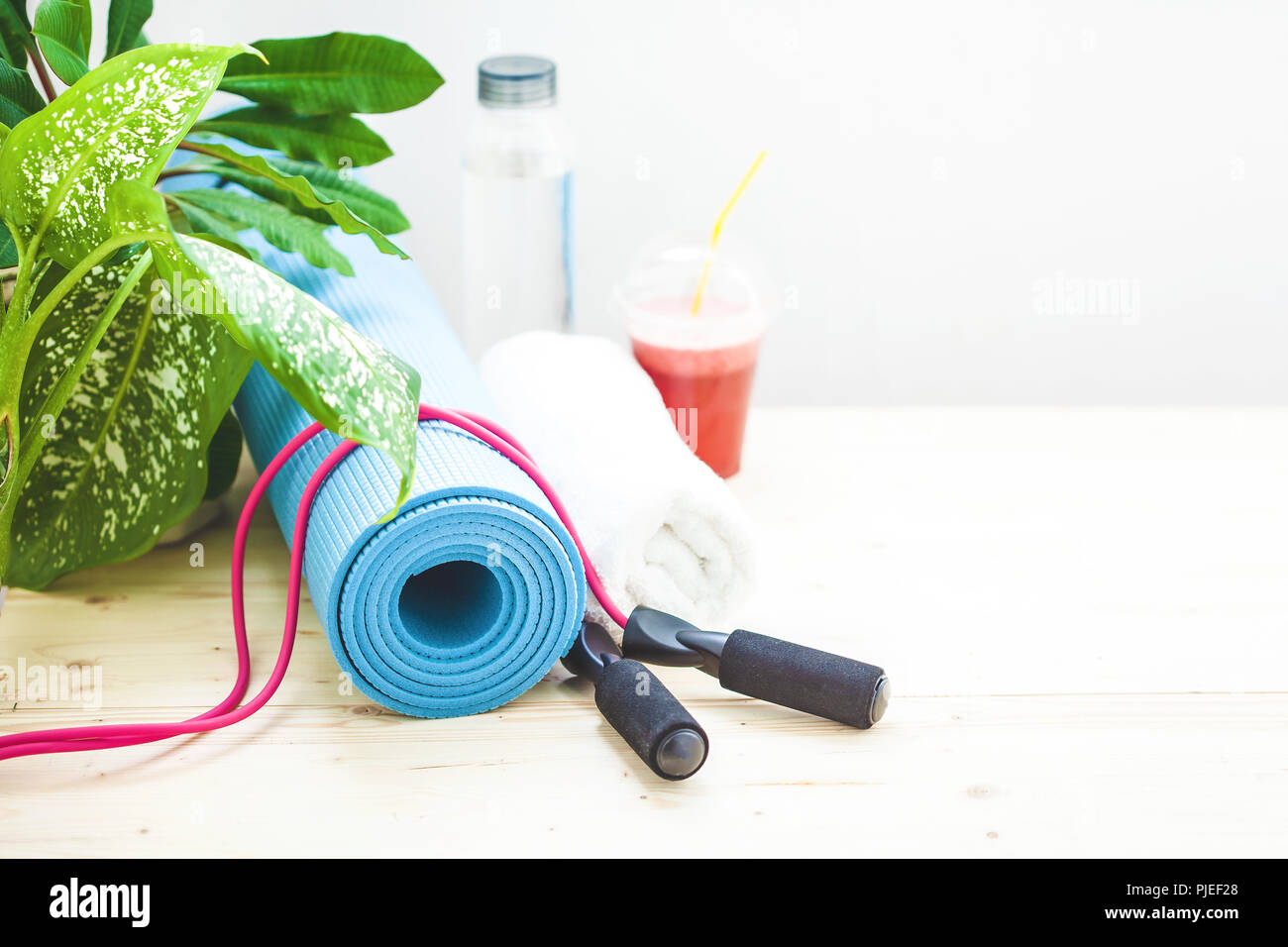 Set For Sports A Yoga Mat A Towel Smoothies Jumping Rope A