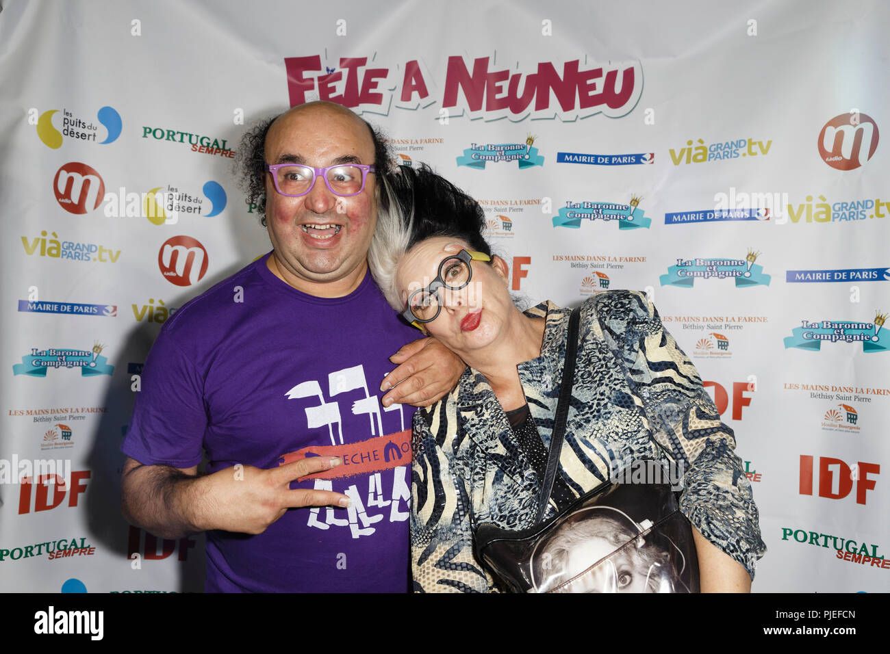 Paris, France. 31st Aug, 2018.  Silvère Albéric Deschamps and Orlan attend at the opening night of the 'Fete à Neu-Neu' in Bois de Boulogne, August 31 Stock Photo