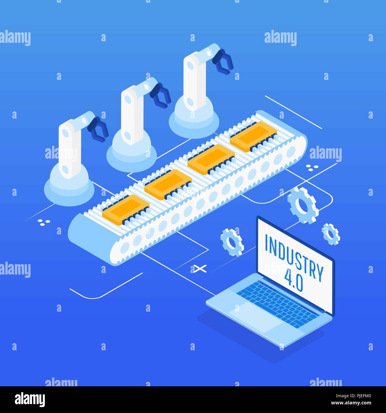 Isometric Factory automation, Industry 4.0, Internet of Things, Vector illustration for connected devices using different symbols Stock Vector