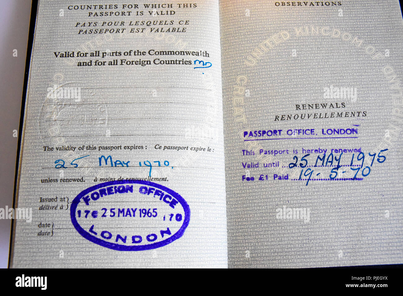 Old British United Kingdom UK passport. Original United Kingdom of Great Britain and Northern Ireland passport issued by London Passport Office Stock Photo