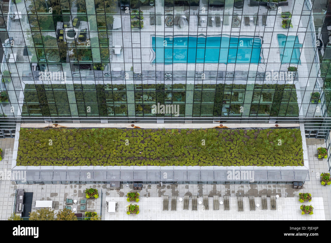 Reflections and green roof of high rise condominium Stock Photo