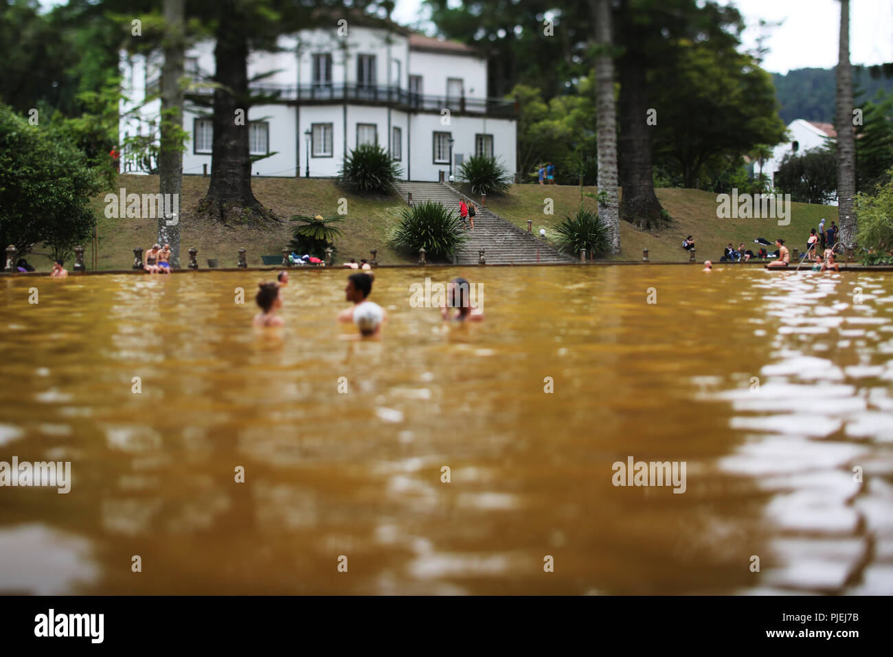 The main vulcanic pool at Terra Nostra Garden, Furnas, São Miguel, Portugal. Stock Photo