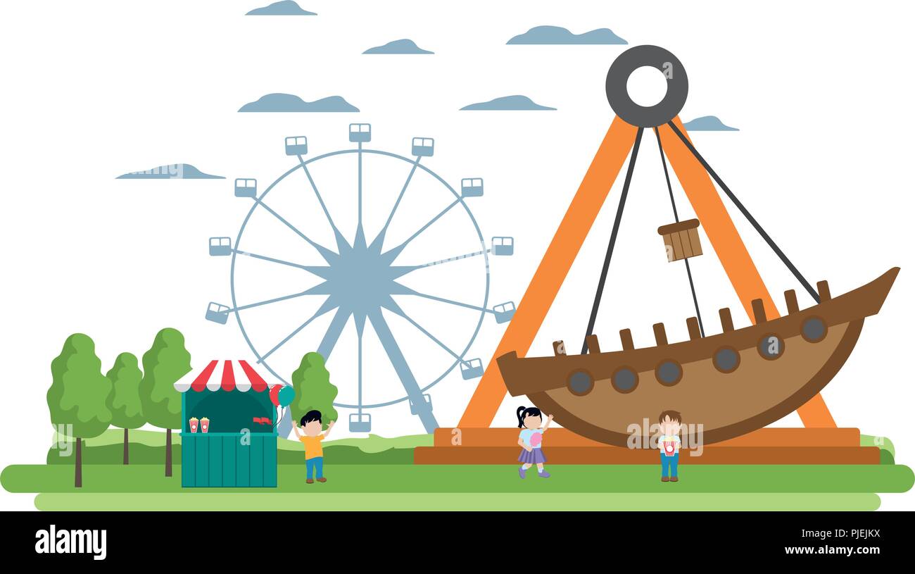 carnival shop with children and mechanical ship ride Stock Vector Image ...