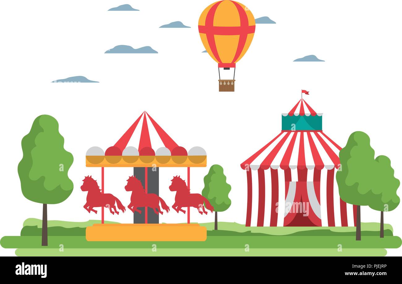 circus and mechanical horse ride with air balloon Stock Vector Image ...