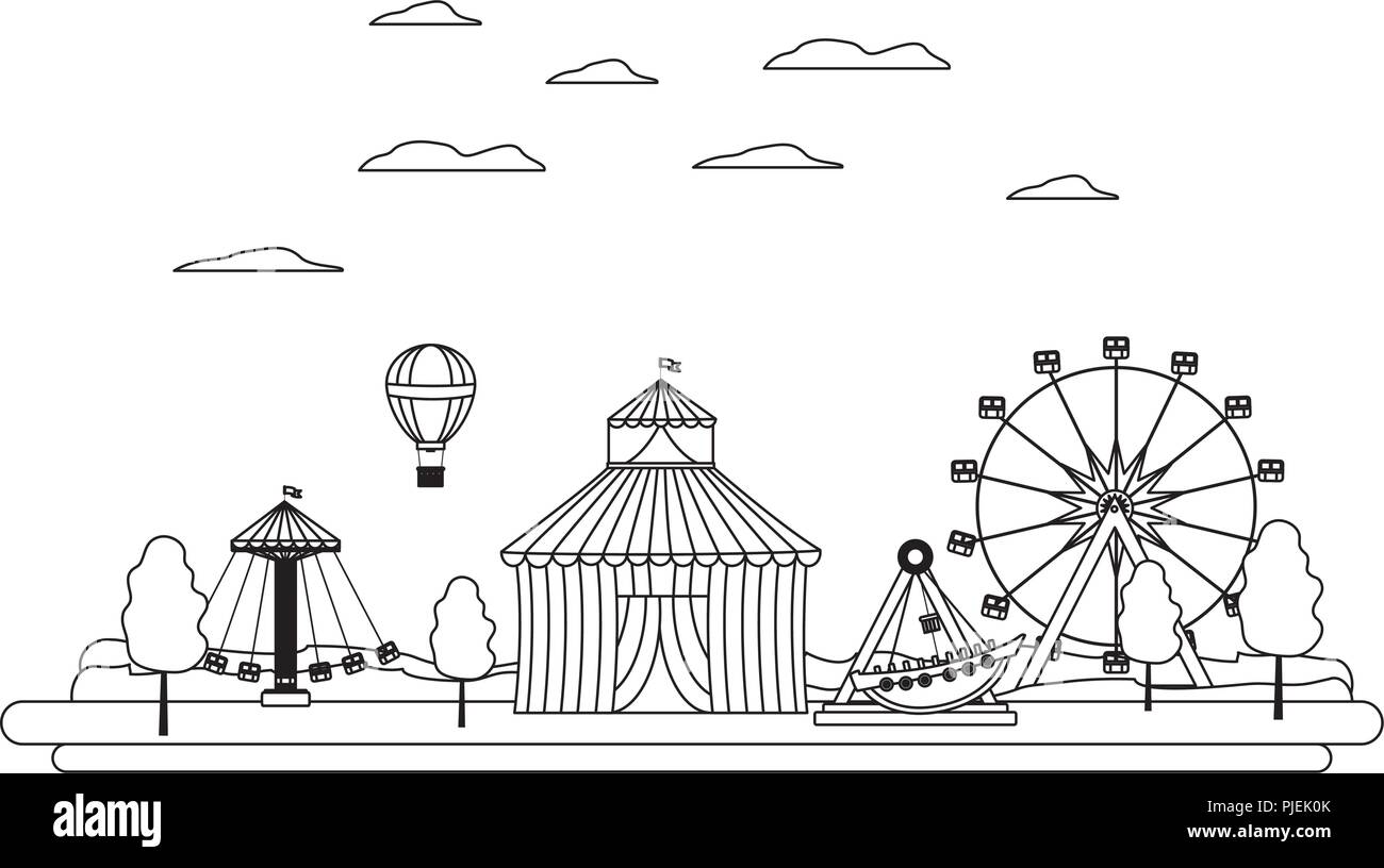 line carnival with circus and mechanical ride games Stock Vector