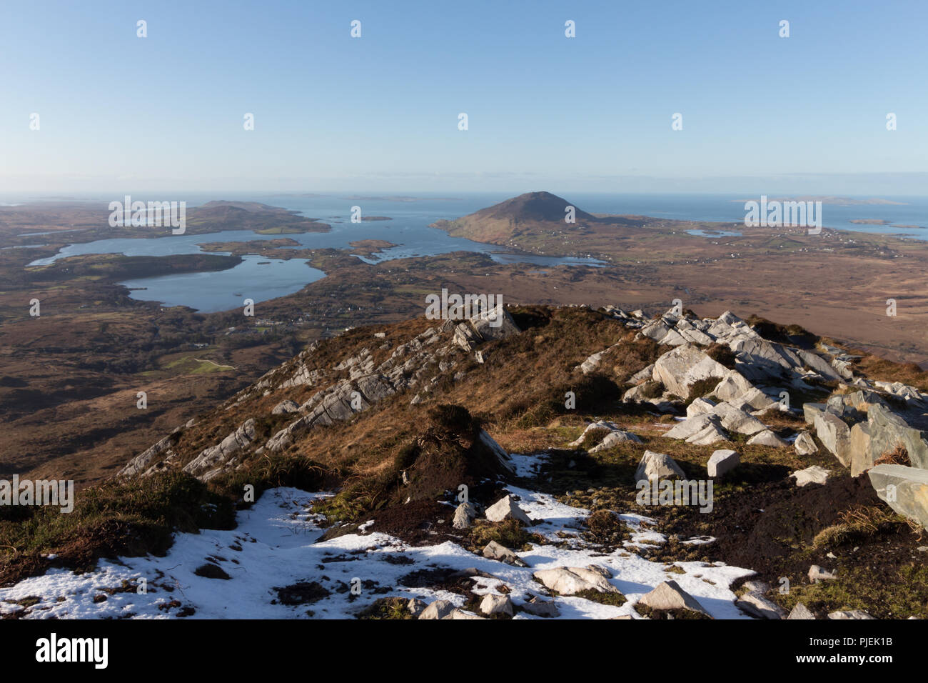 Atlantic Ocean view from the summit of Diamond Hill in winter, Connemara, County Galway, Ireland. Stock Photo