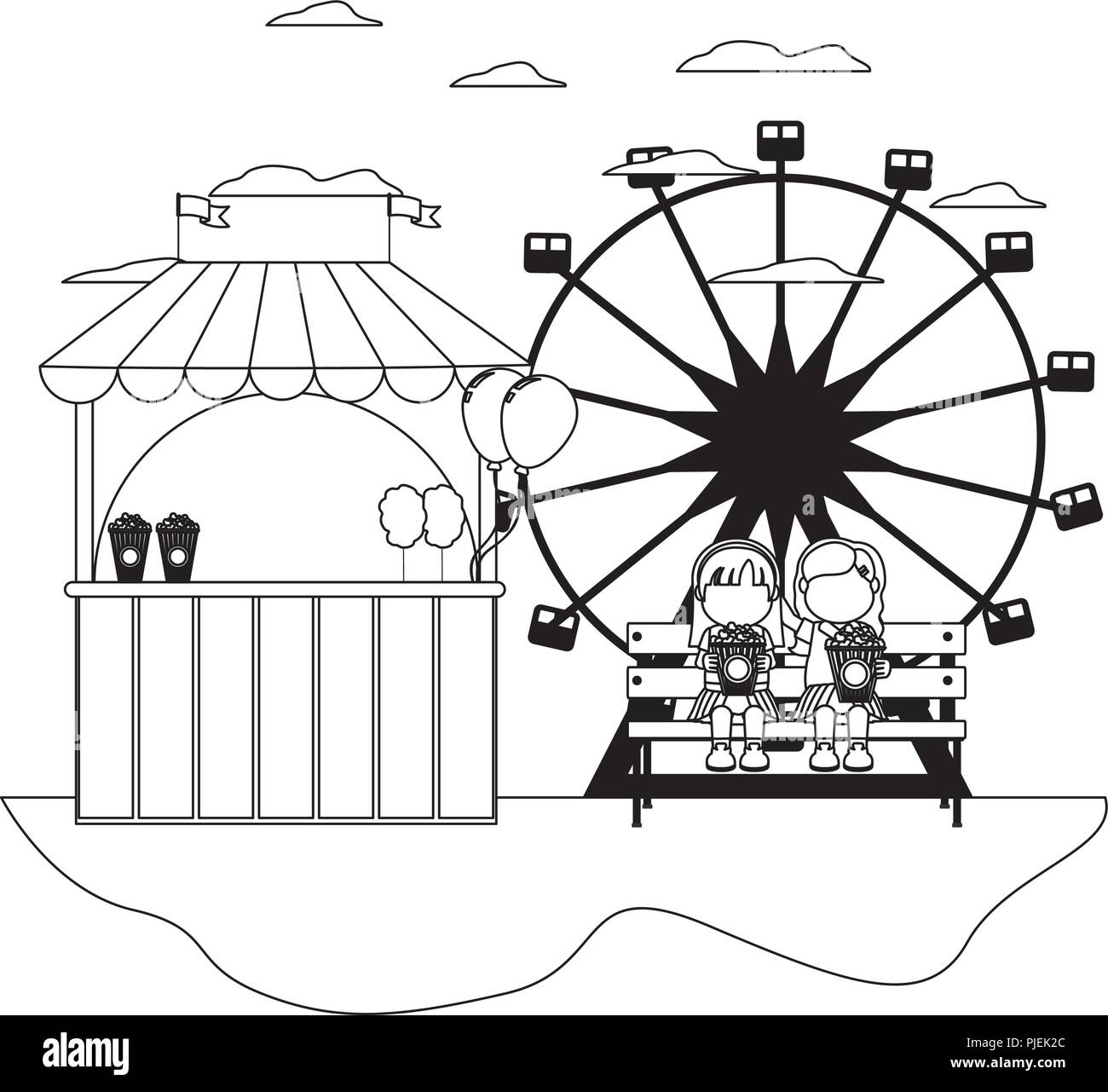 line carnival shop with children seating with popcorn Stock Vector ...