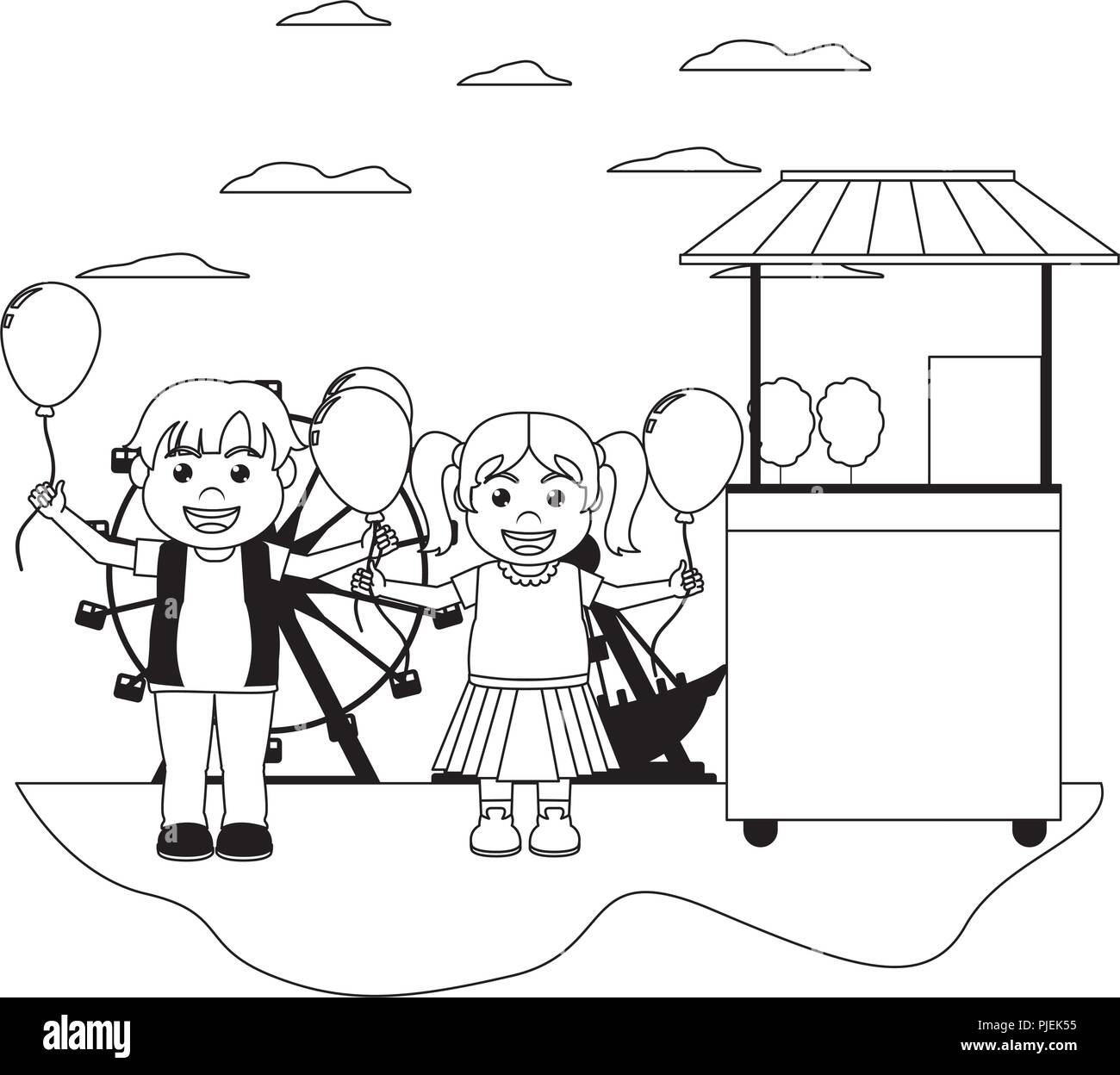 line carnival shop with happy children and balloons Stock Vector Image ...