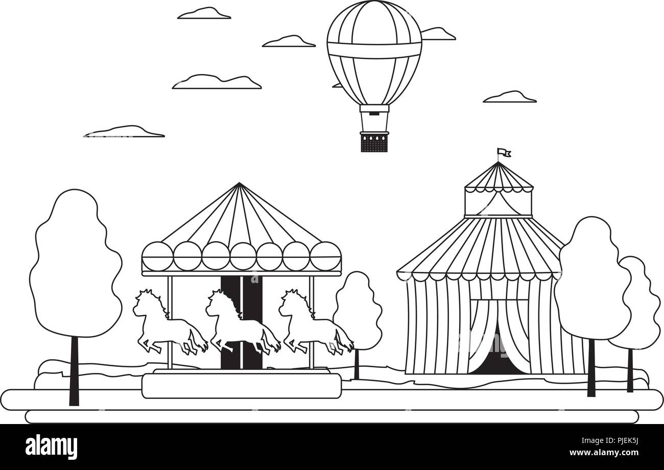 line circus and mechanical horse ride with air balloon Stock Vector ...