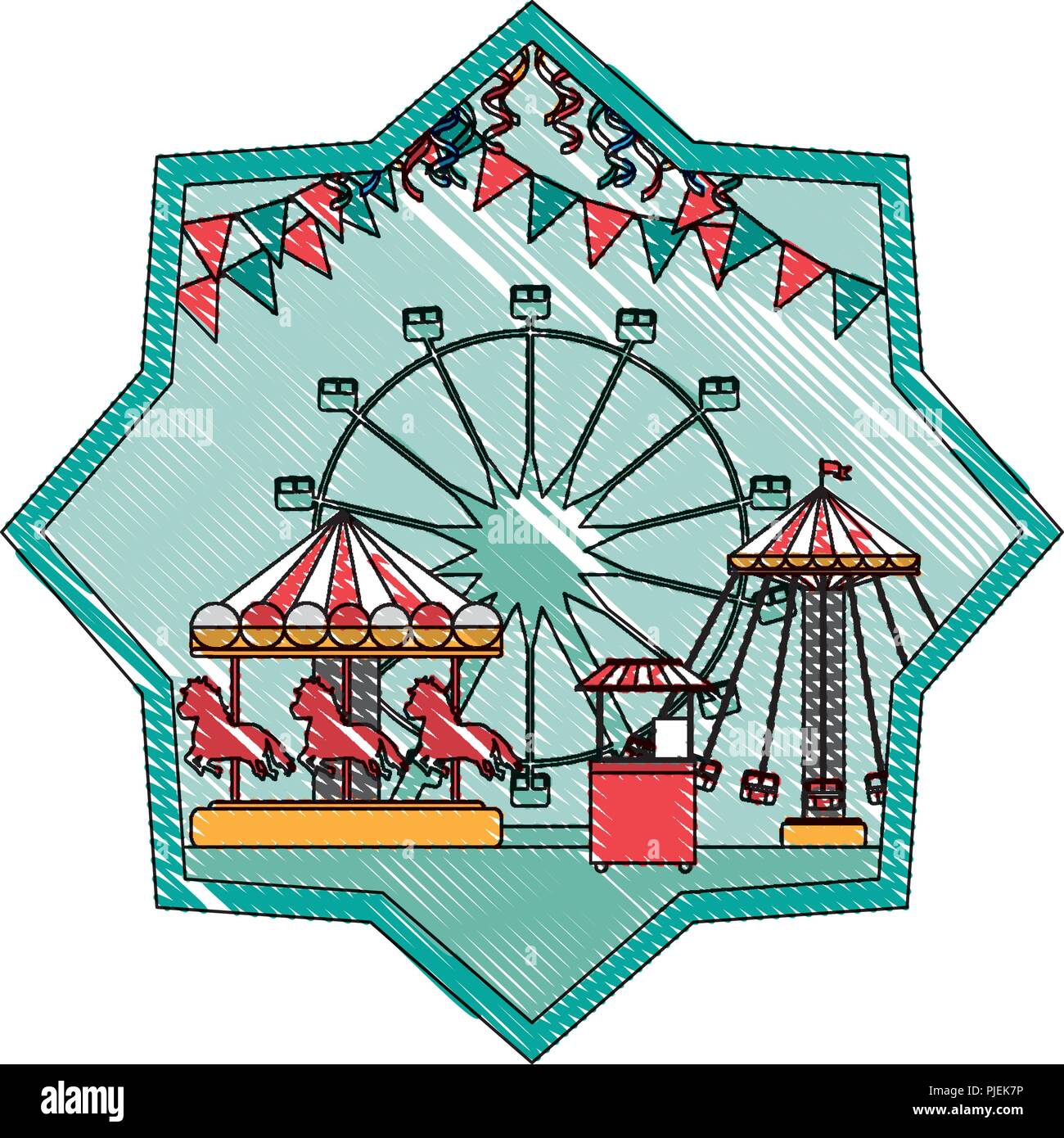 doodle mechanical ride carnival games inside star Stock Vector Image