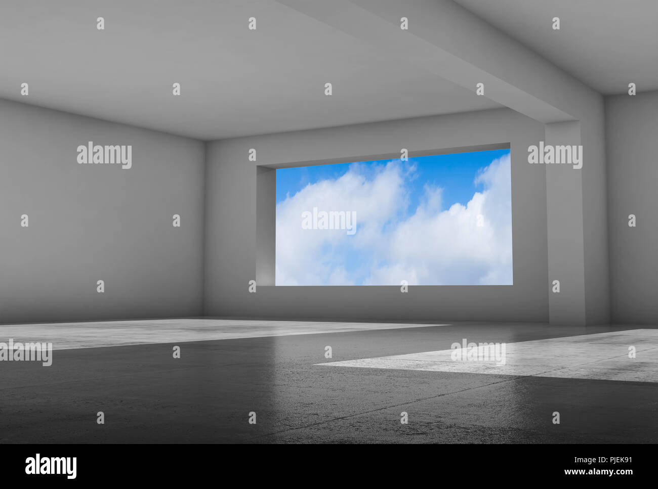 Empty white room with wide window and shiny concrete floor, abstract ...