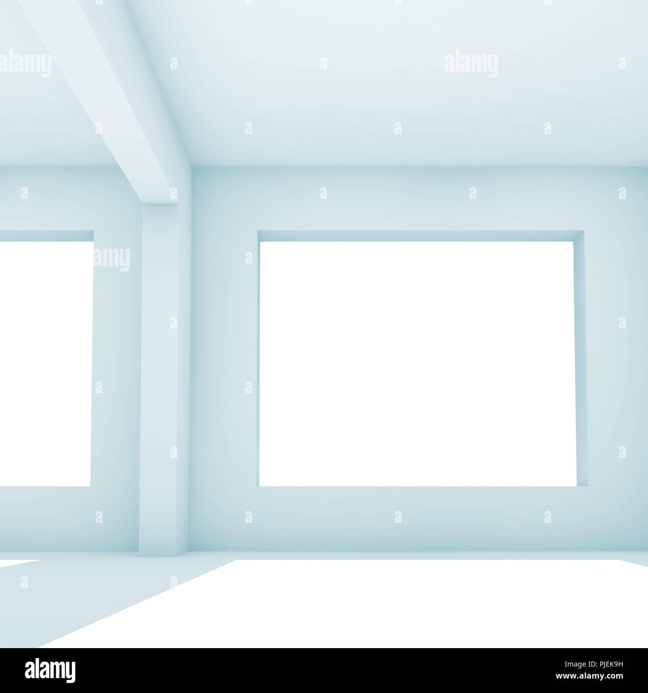 Empty white room with wide windows, abstract square interior background ...