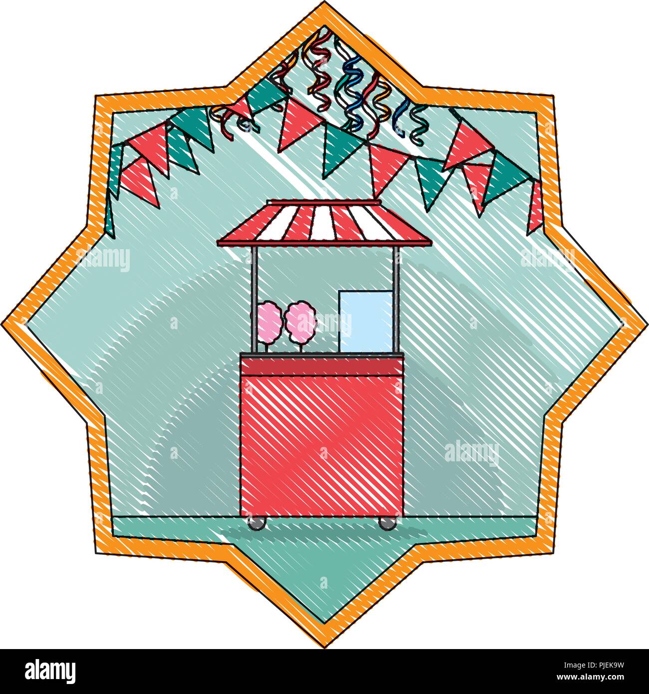 doodle carnival shop with party flags inside star vector illustration ...