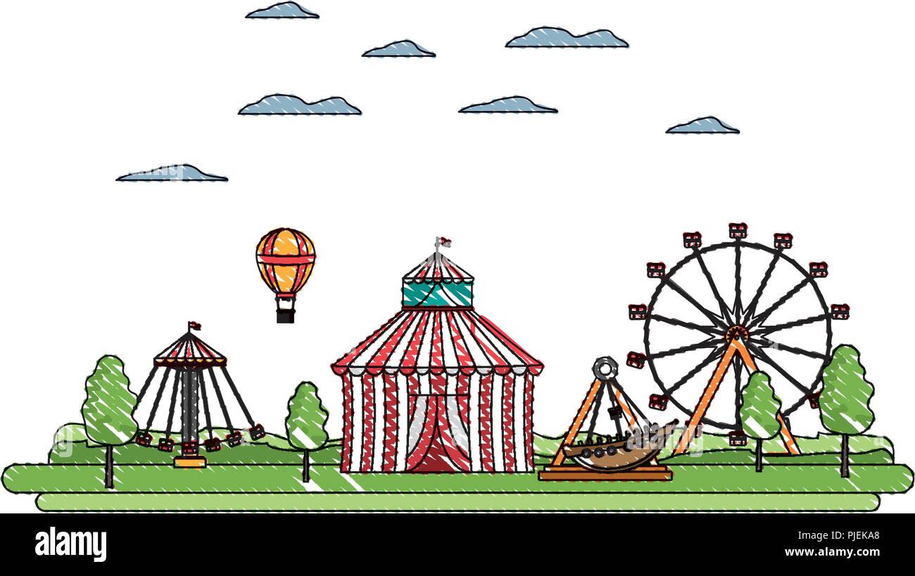 doodle carnival with circus and mechanical ride games vector ...
