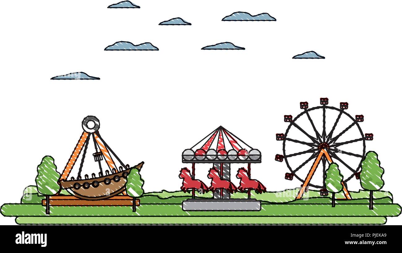 doodle carnival with funny mechanical ride games vector illustration ...
