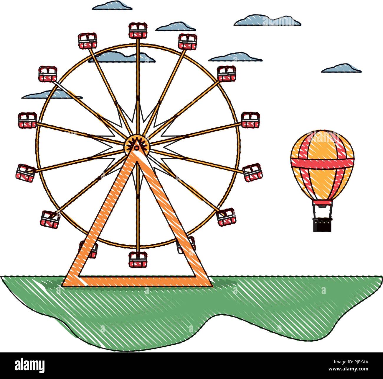 doodle carnival with ferris wheel mechanical and air balloon vector ...