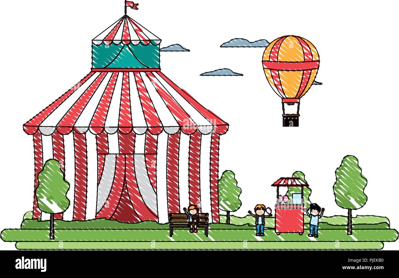 doodle circus with shop carnival and air balloon Stock Vector Image ...
