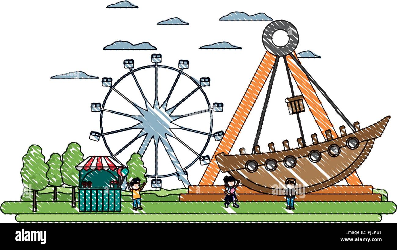 doodle carnival shop with children and mechanical ship ride Stock ...