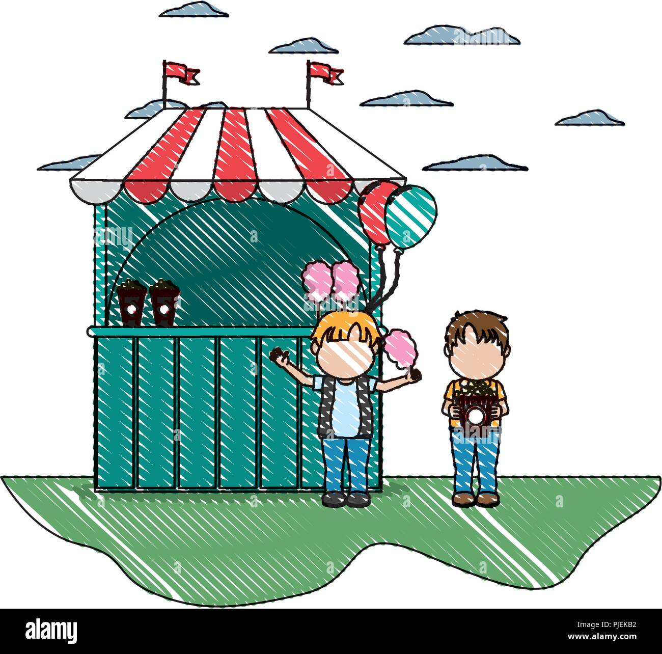 doodle children with carnival shop and popcorn with cotton candy Stock ...