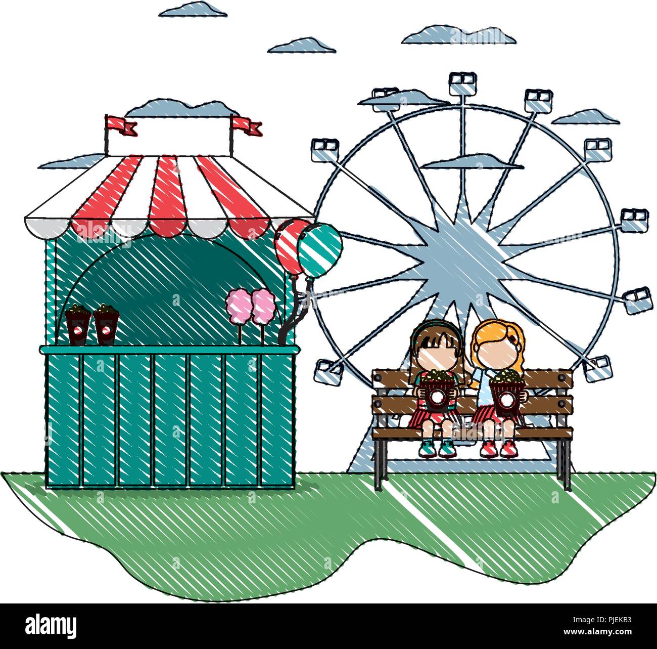 doodle carnival shop with children seating with popcorn Stock Vector ...