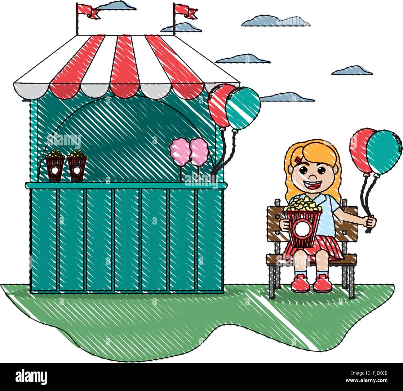 doodle carnival shop and girl seating with balloons Stock Vector Image ...