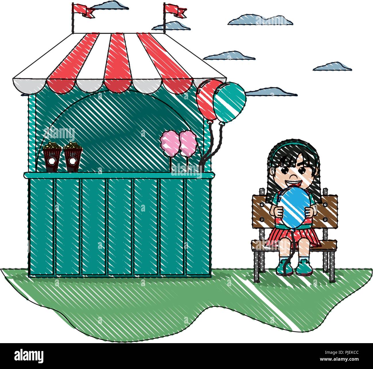 doodle carnival shop and girl with balloon seating Stock Vector Image ...