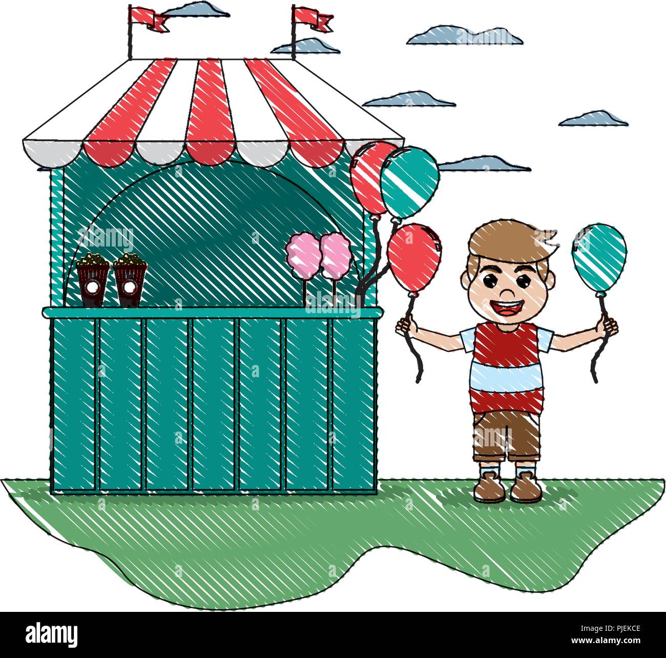 doodle carnival shop and happy boy with balloons Stock Vector Image ...