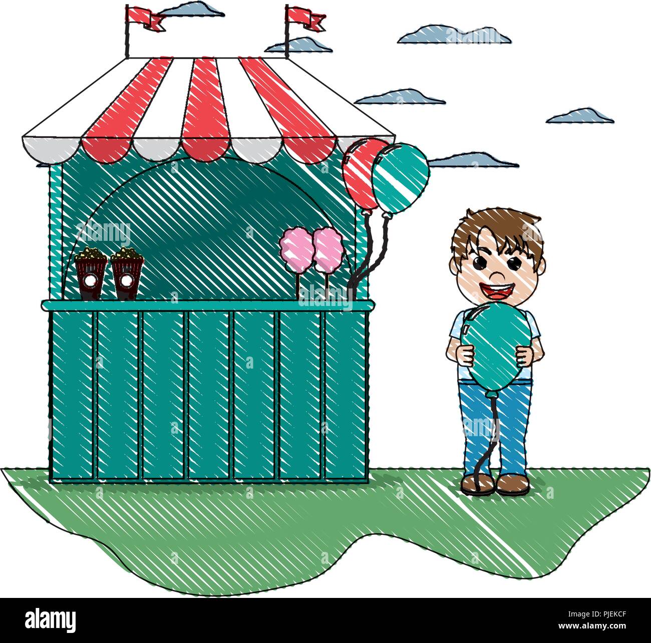 doodle carnival shop and cute boy with balloon Stock Vector Image & Art ...