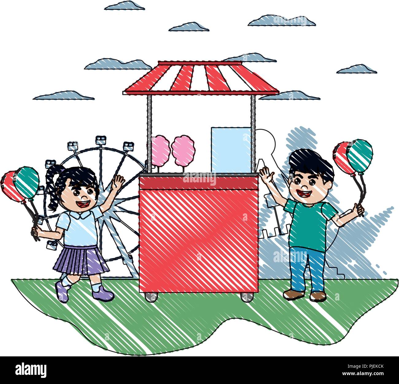 doodle happy children buying carnival shop Stock Vector Image & Art - Alamy