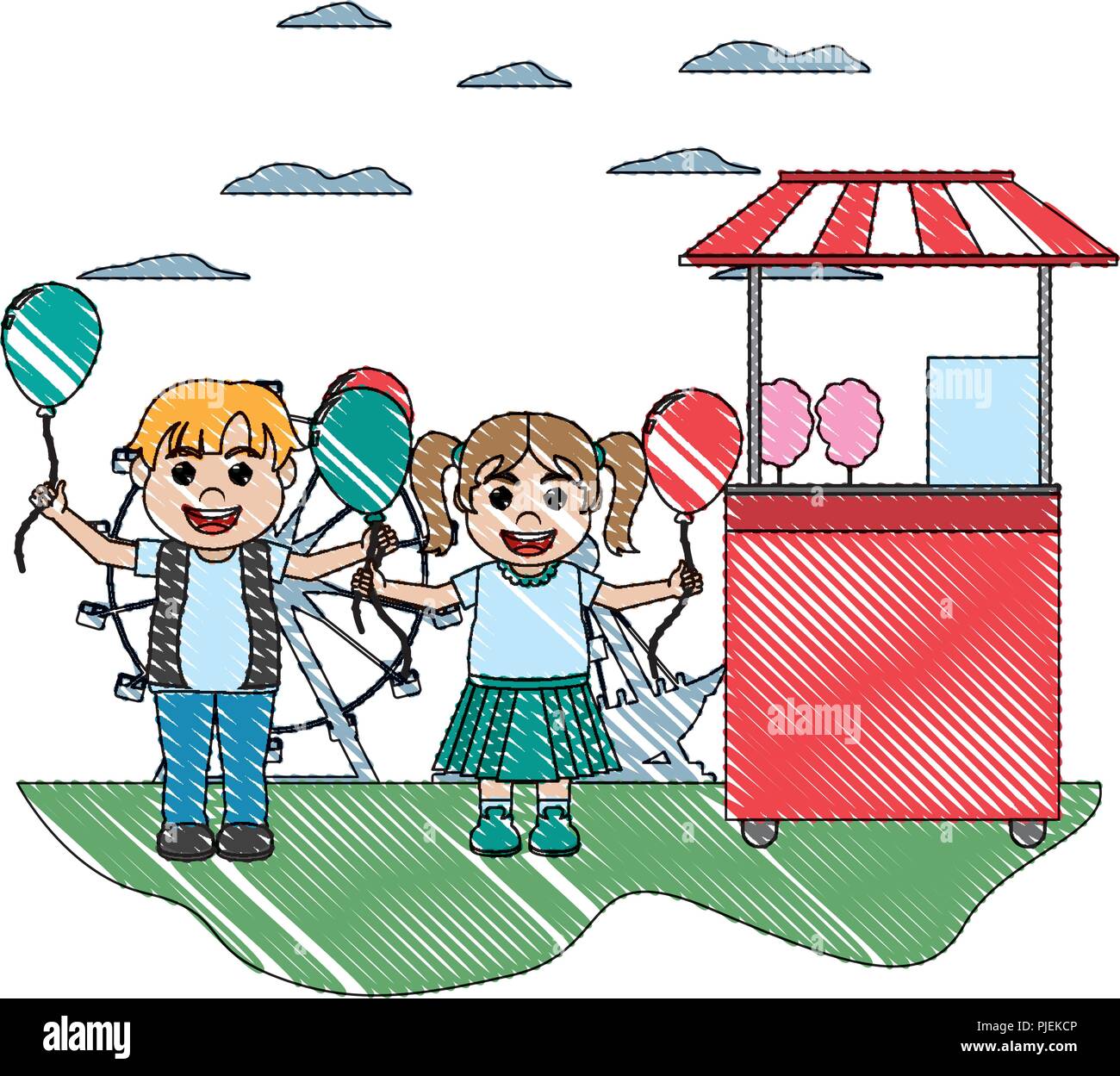 doodle carnival shop with happy children and balloons Stock Vector ...
