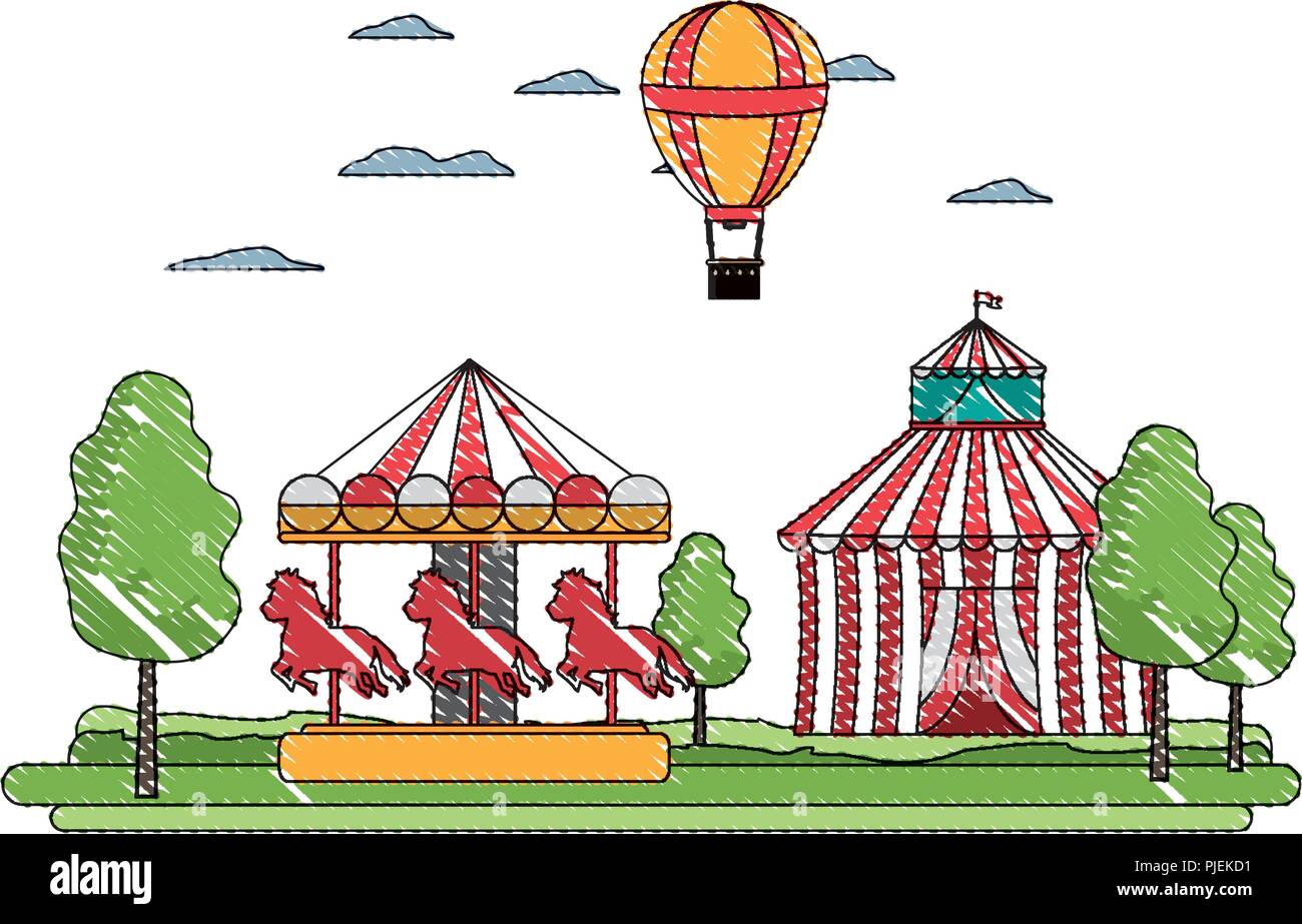 doodle circus and mechanical horse ride with air balloon Stock Vector ...