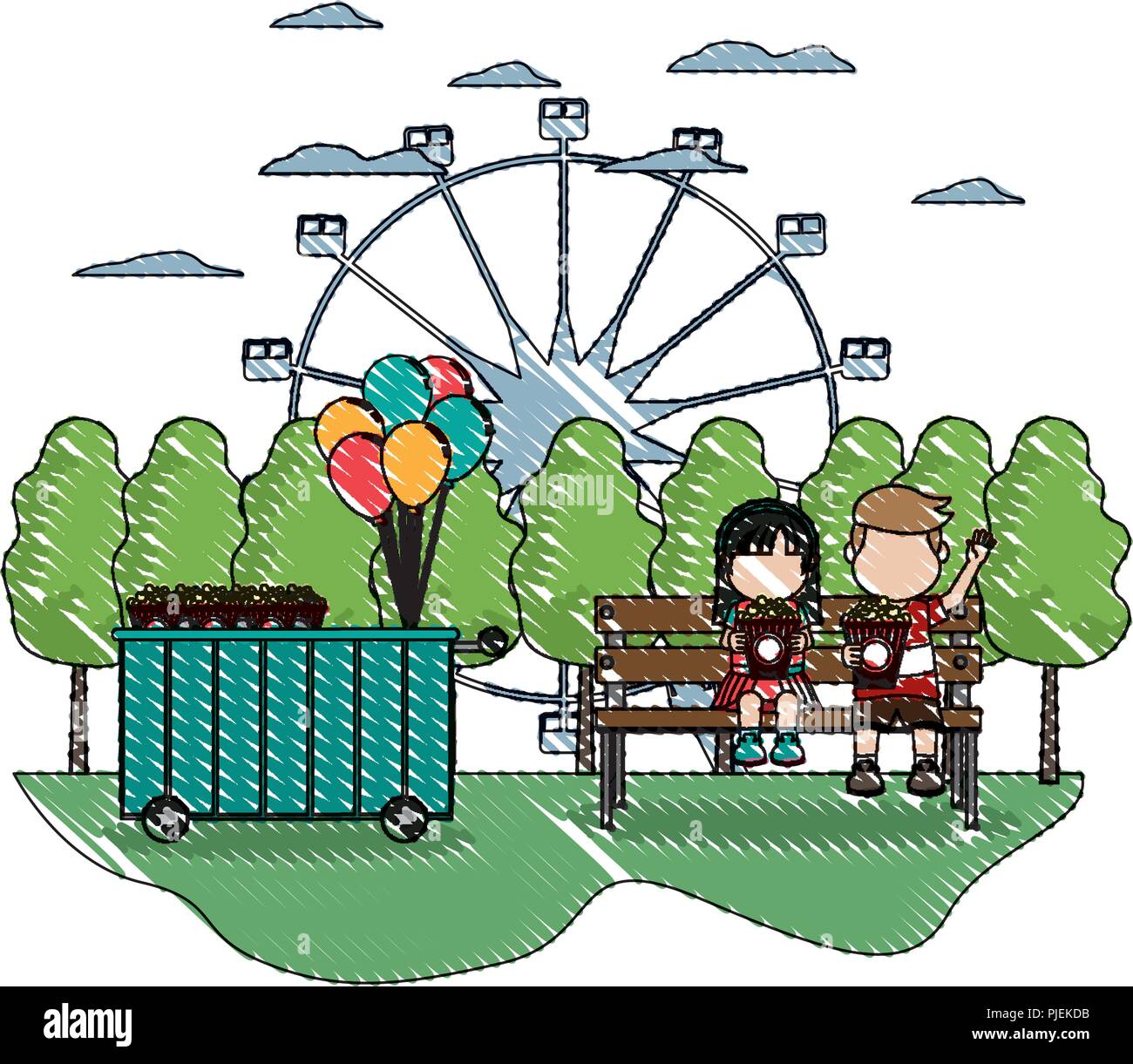 doodle carnival car shop and children with popcorn Stock Vector Image ...