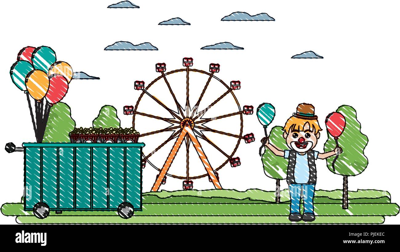 doodle carnival shop car and clown boy Stock Vector Image & Art - Alamy