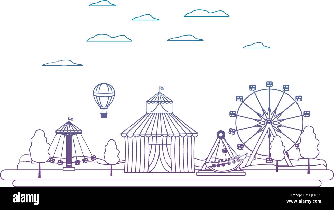 degraded line carnival with circus and mechanical ride games Stock ...