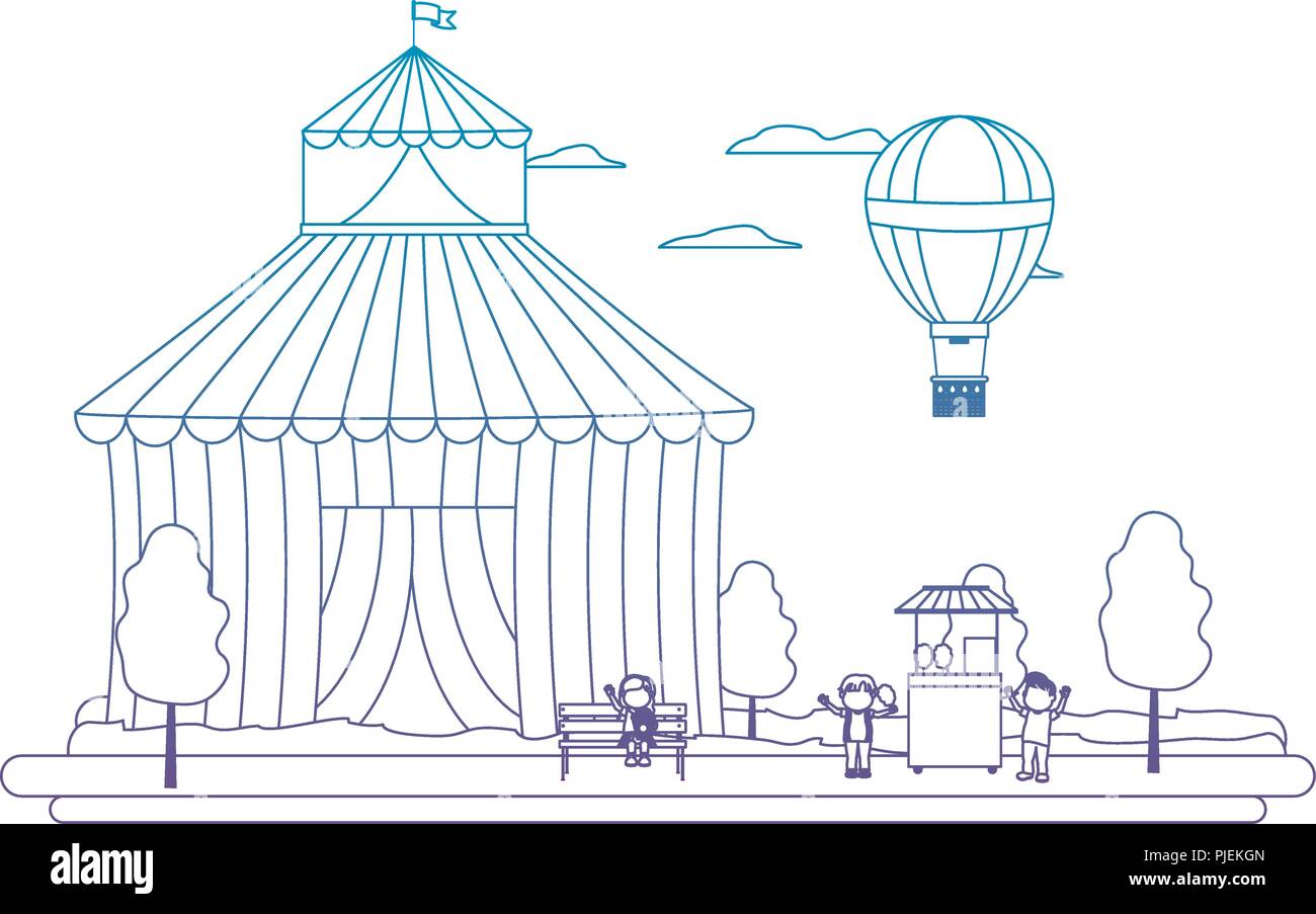 degraded line circus with shop carnival and air balloon Stock Vector ...