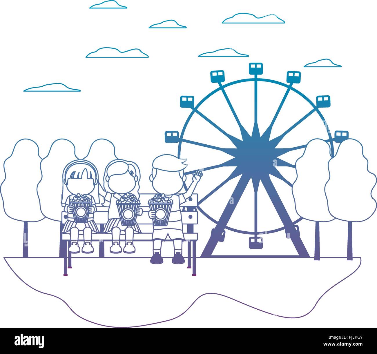degraded line children seating and eat popcorn in the carnival Stock ...