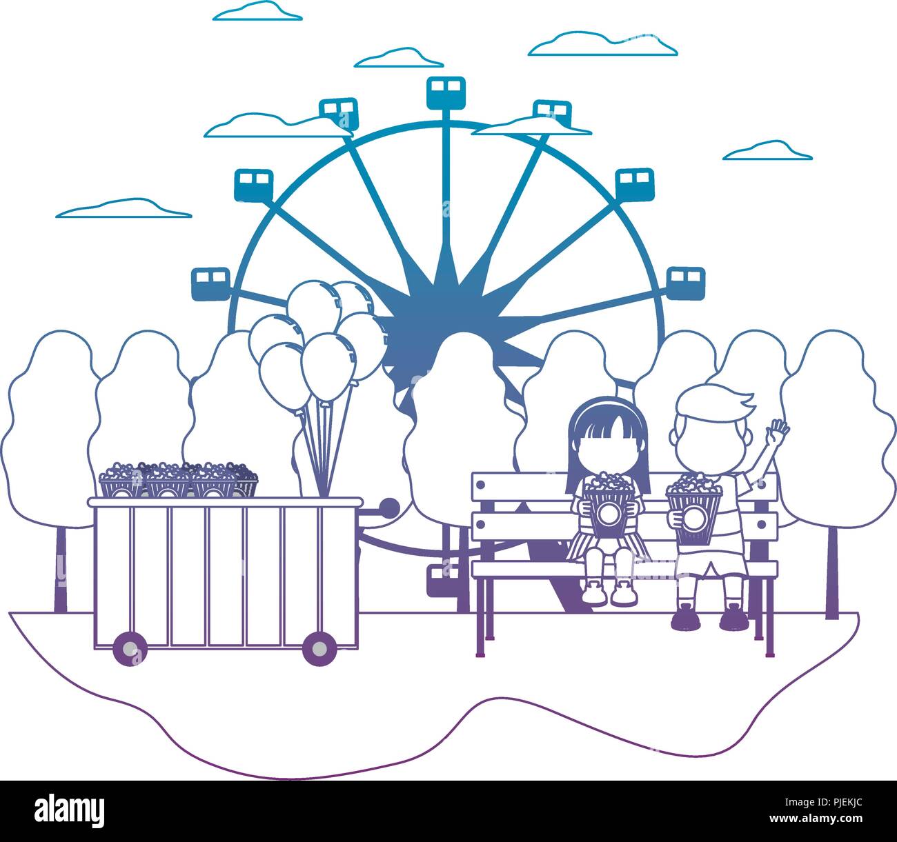 degraded line carnival car shop and children with popcorn Stock Vector ...