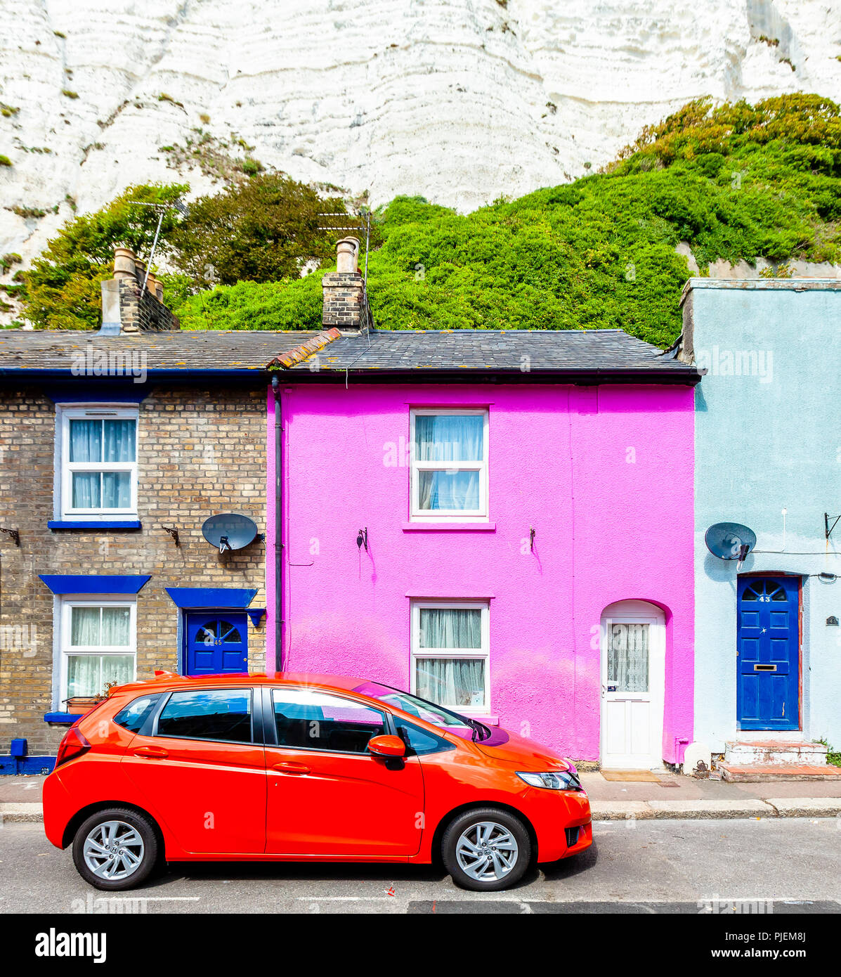 DOVER, United Kingdom August 31 2017 Colorful houses and sports car