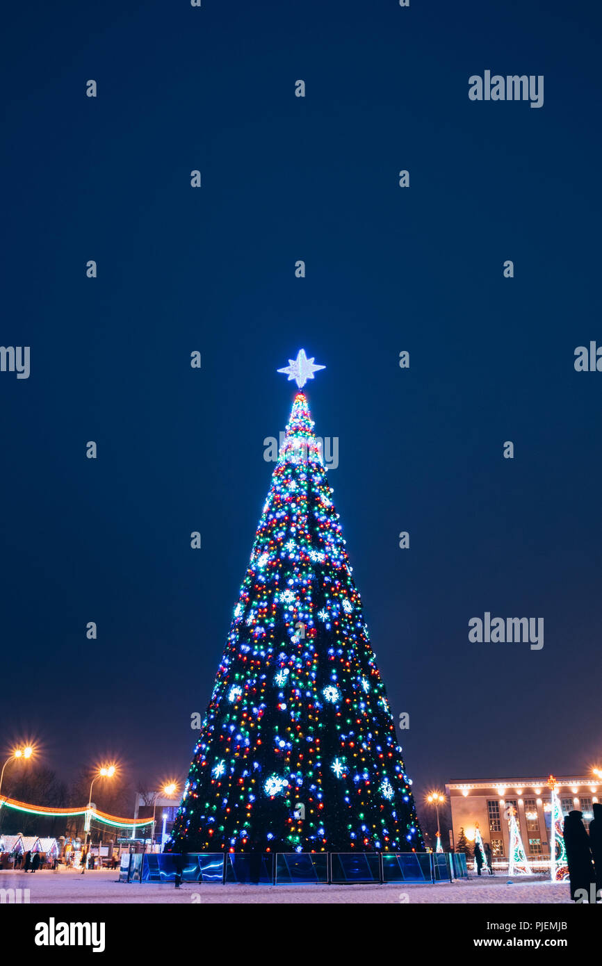 Christmas tree for Christmas in the city square in the evening Stock