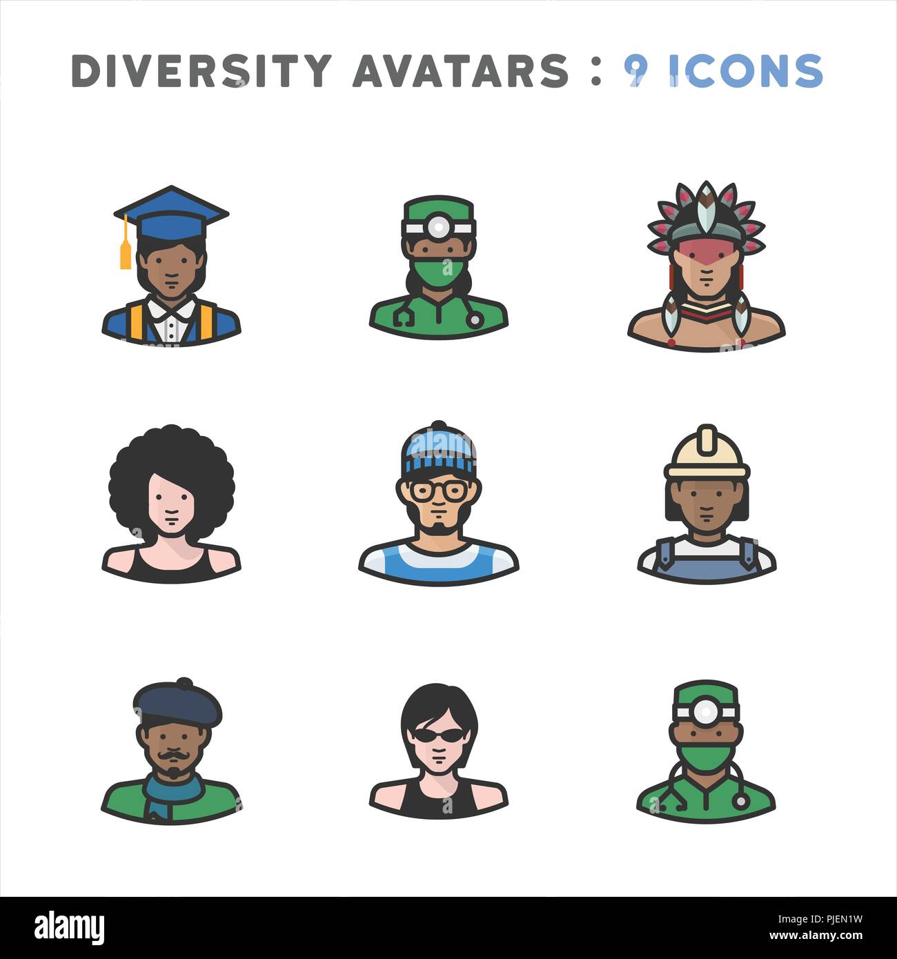 9 Avatars depicting diverse cultures, religions, and nationalities Stock Vector