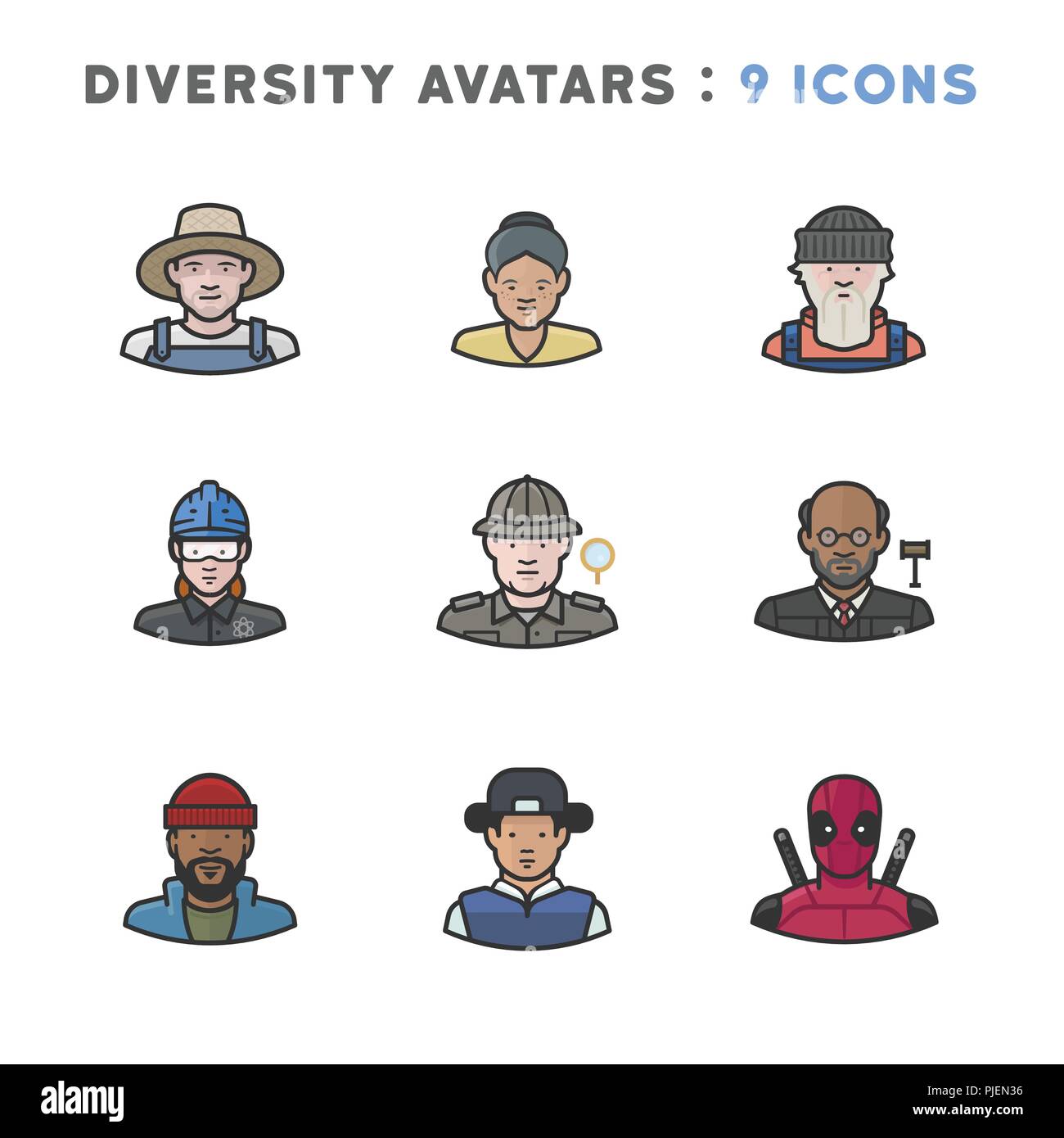 9 Avatars of people including elderly people, a judge, a fisherman, a construction worker, and archaeologist. Stock Vector